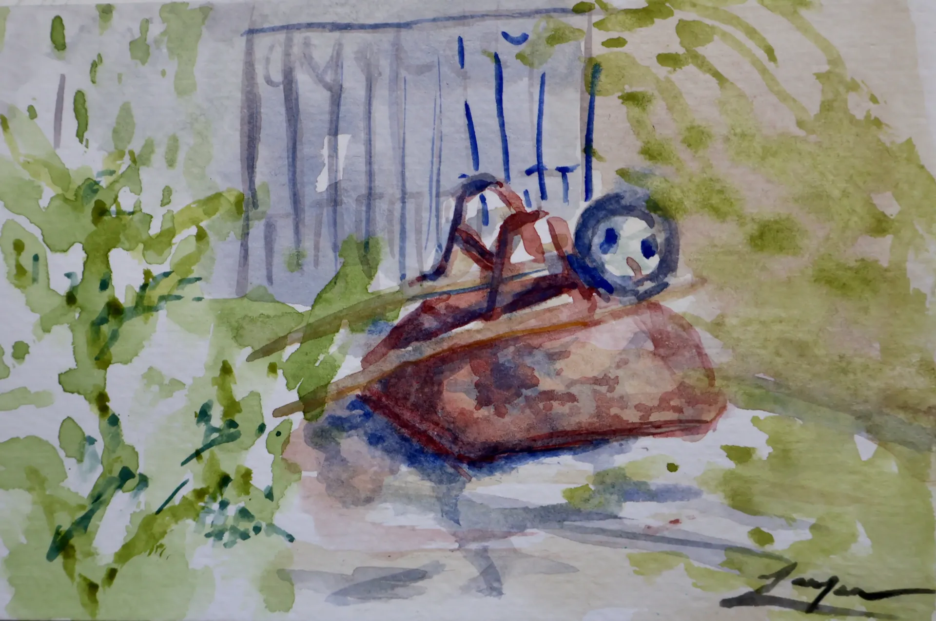 Red Wagon (Watercolor Sketch) 4x6